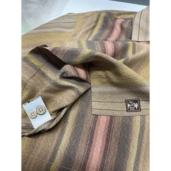 TOMMY BAHAMA MENS MEDIUM BROWN GOLD RED STRIPED 100% SILK‎ SHORT SLEEVE BUTTON - Picture 6 of 10